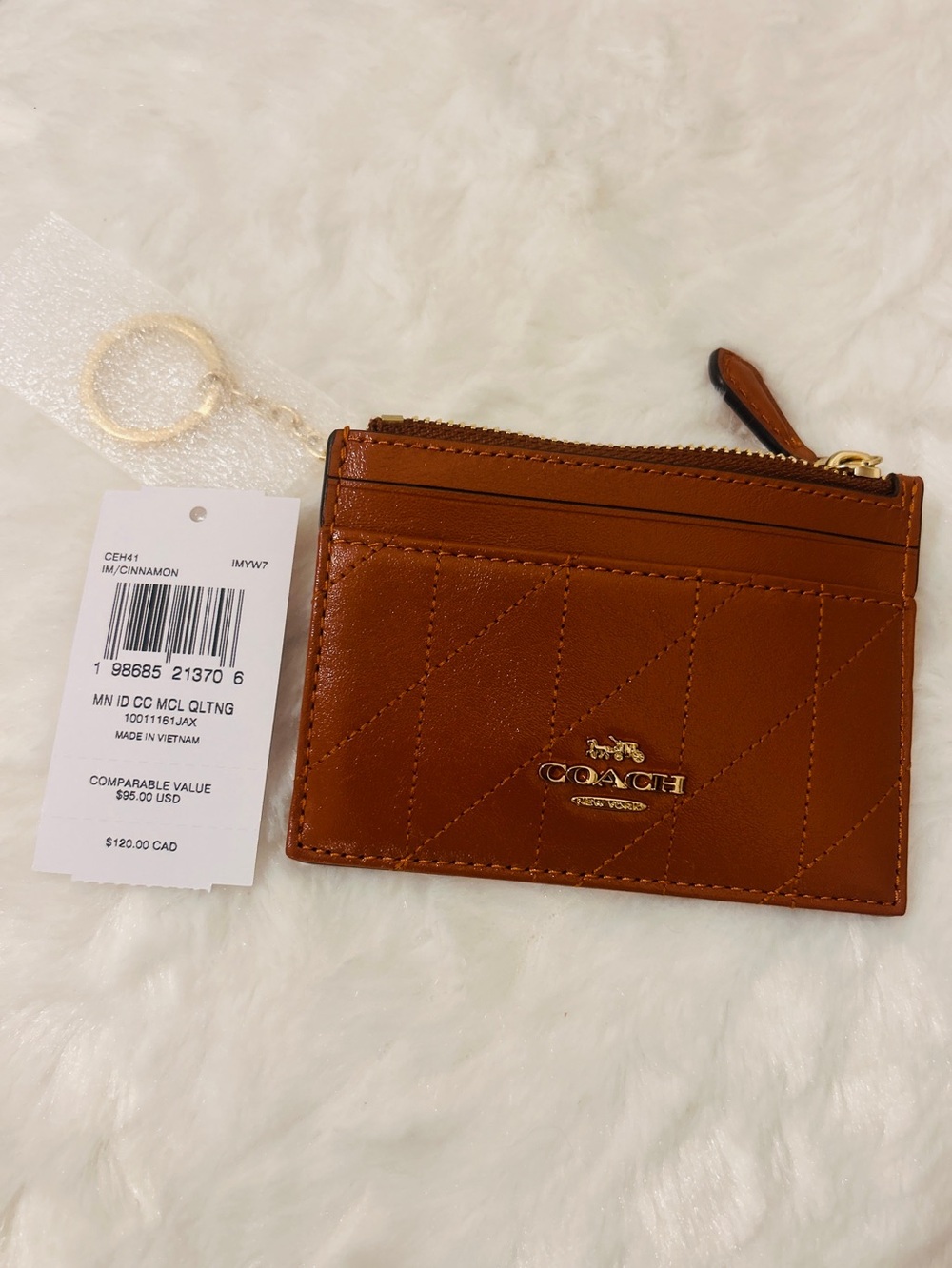 Coach Cinnamon Quilted Leather Card Holder with Gold Key Ring NWT